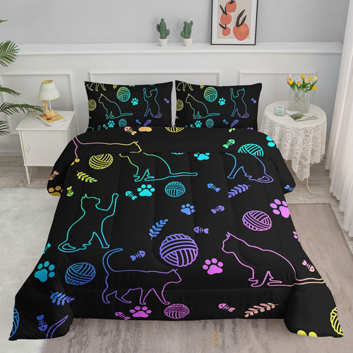 Axolotl Kids Bedding Cartoon Cat Comforter Set Twin Size,Gradient Line Cute Cat Bedding Set for Teens Boys Girls Adults Room Decor,Kids Comforter Set All Season,1 Comforter 2 Pillow Cases,Black