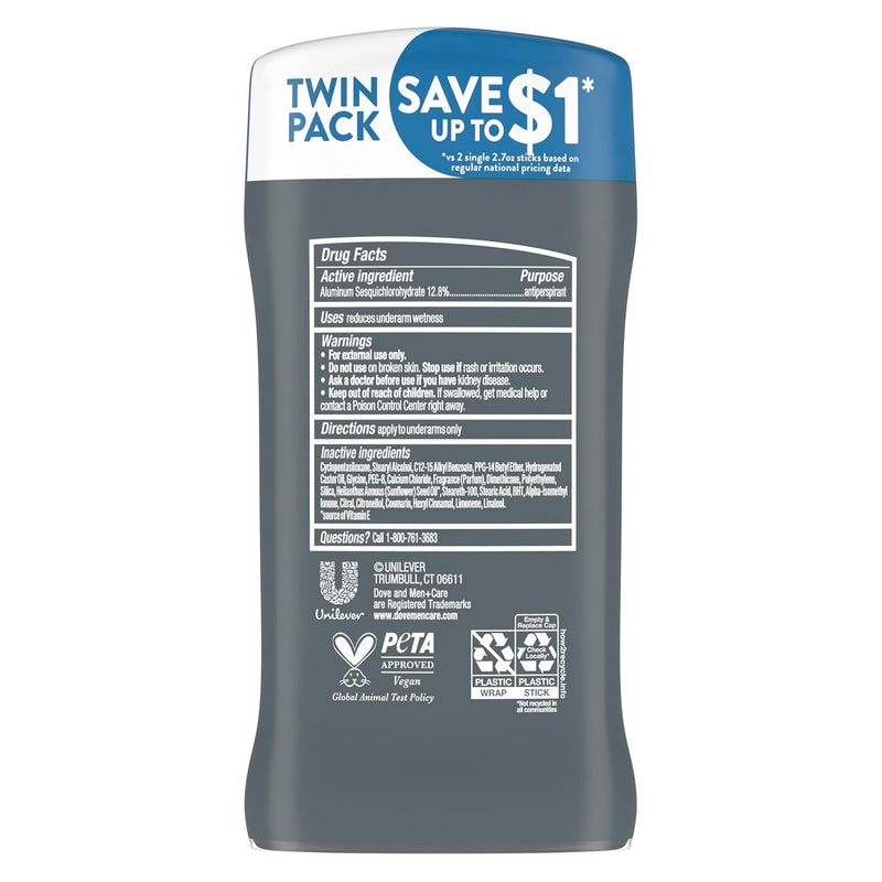DOVE MEN + CARE Antiperspirant Deodorant Stick Clean Comfort Twin Pack 72-Hour Sweat & Odor Protection Antiperspirant for Men With 1/4 Moisturizing Cream 2.7 oz