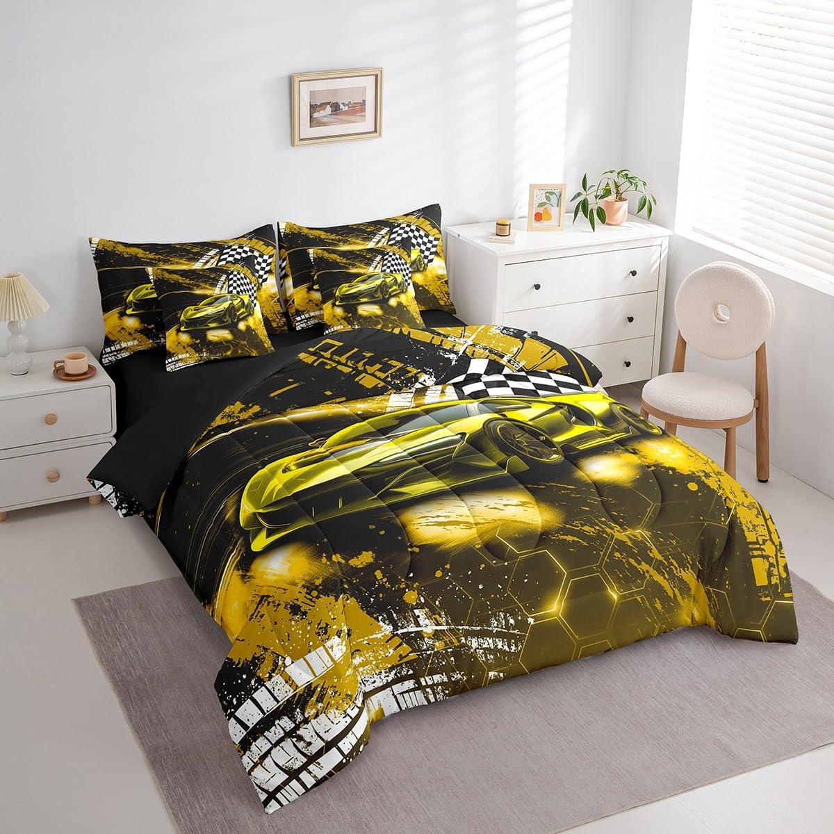 Feelyou Race Car Bed Set for Kids Boys Girls Twin Size Speed Honeycomb Prints 7 Pieces Beeding Set Ultra Soft Extreme Sports Bed in a Bag with Comforter, Sheets, Pillowcases Sports Car Cool Car