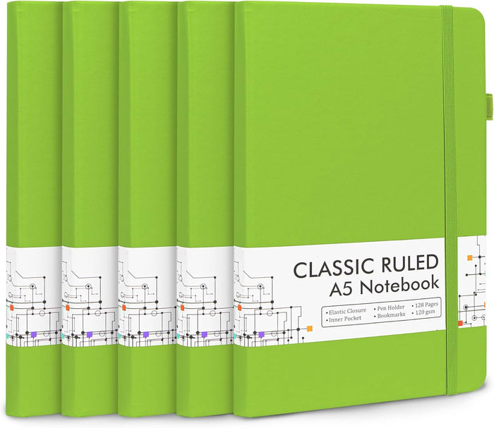feela 5 Pack Notebooks Journals Bulk, Hardcover Classic Ruled Lined Journals with Pen Holder for Women Girls School Business Supplies, with 5 Black Pens, 120 GSM, 5.1”x8.3”, A5, Mild Colors