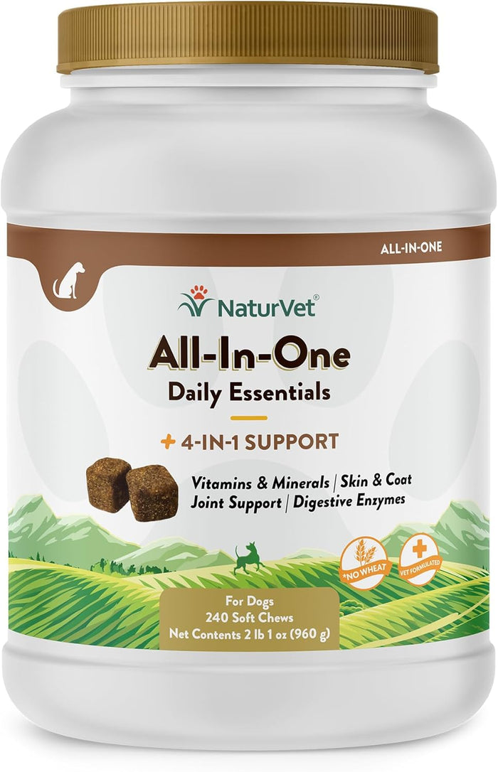 NaturVet All-in-One Dog Supplement - for Joint Support, Digestion, Skin, Coat Care – Dog Multivitamins with Minerals, Omega-3, 6, 9 – Wheat-Free Vitamins for Dogs – 120 Soft Chews