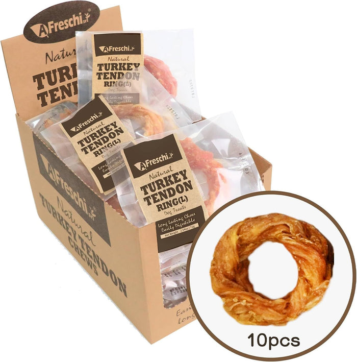 AFreschi Turkey Tendons for Dogs, USA-Sourced, Healthy Dog Treats, Rawhide-Free Puppy Chews, Long Lasting, All Natural, Hypoallergenic Dog Treats for Large Breeds, 10 oz Pack Bone (L)