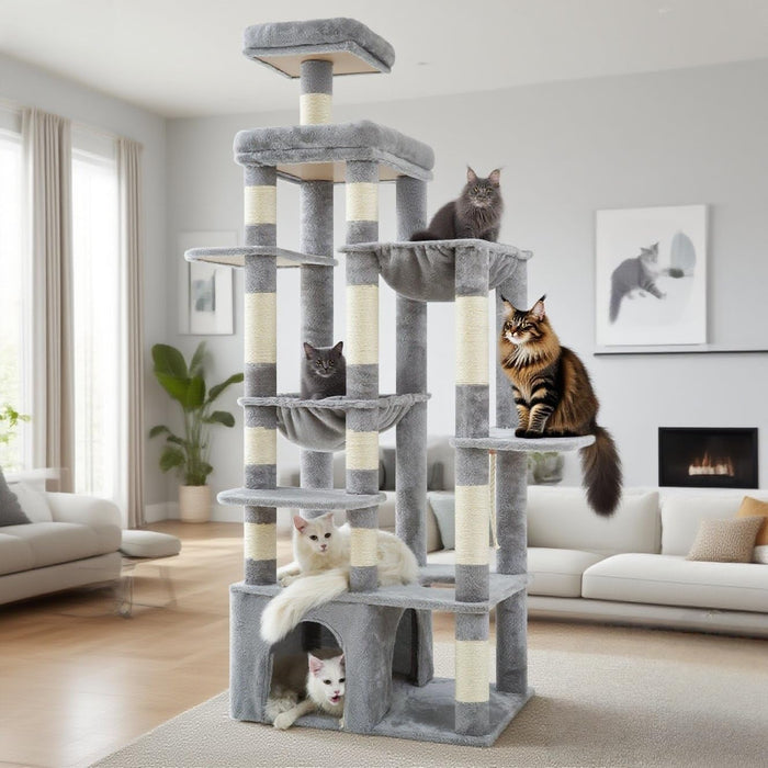 Heybly Cat Tree, 71-Inch Tall Cat Tower for Large Maine Coon Cats with Extra-Large Baseboard, Cat Condo Furniture with Multi-Level Platforms, 2 Hammocks and 12 Scratching Posts, Smoky Gray HCT037G