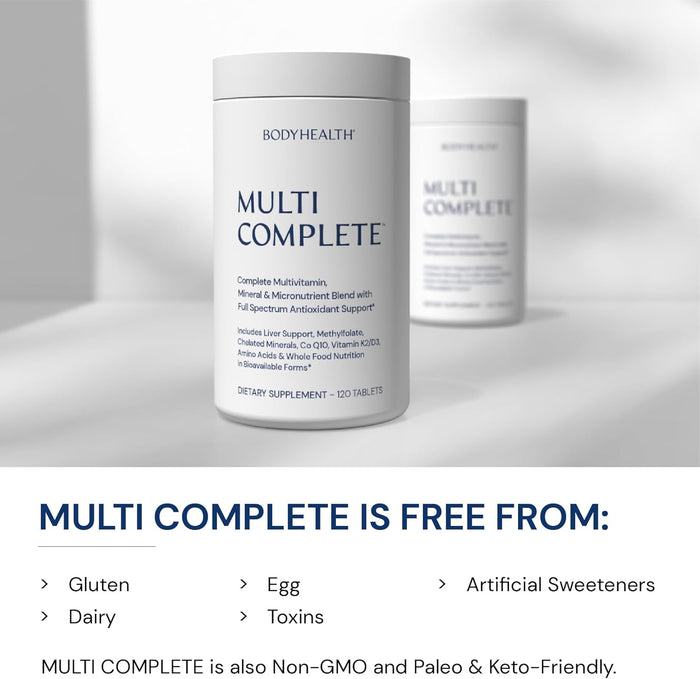 BodyHealth Multi Complete (120 Ct) Daily Multivitamin for Men and Women with Whole Foods, Minerals, Antioxidants, Organic Green Food Concentrates, and Liver Detox Extracts, Vegan and Non GMO