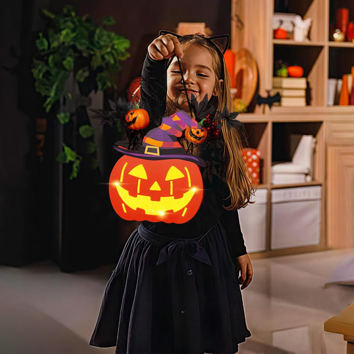 BlcTec Halloween Pumpkin Lights, 10 inch Lighted Big Halloween Wooden Pumpkin with Maple Leaves, Berries, Twigs, Witch's Hat, Battery Operated Lights with Timer for Halloween Decorations, Style A