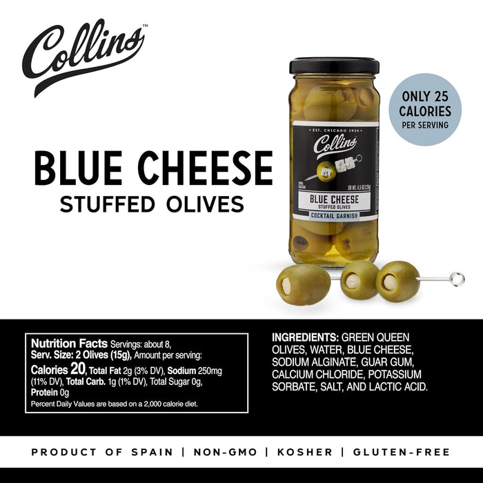 Collins Gourmet Blue Cheese Olives, Premium Stuffed-Cheese Garnish for Cocktails, Martinis, Bloody Marys, Snack Trays, Charcuterie, and Salads, Condiment Olives, 4.5 Oz