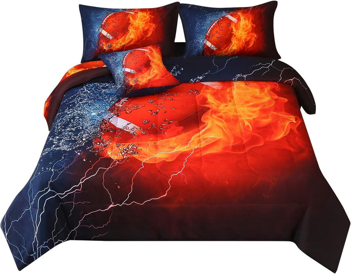 JQinHome Twin Baseball and Fire Comforter Sets for Boys,6 Piece Bed in A Bag 3D Sport Themed Bedding -All Season Soft Microfiber Bedding Sets with Pillowcase, Flat Sheet, Fitted Sheet,Cushion Cover