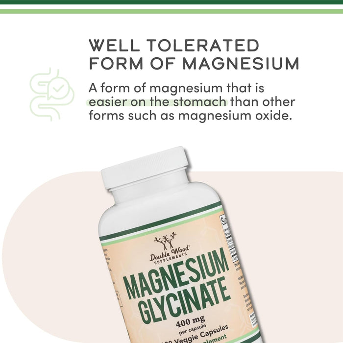 Magnesium Glycinate 400mg, 180 Capsules - for Sleep, Muscle, & Heart Support - (Vegan, Third Party Tested, Gluten Free, Non-GMO) by Double Wood Supplements