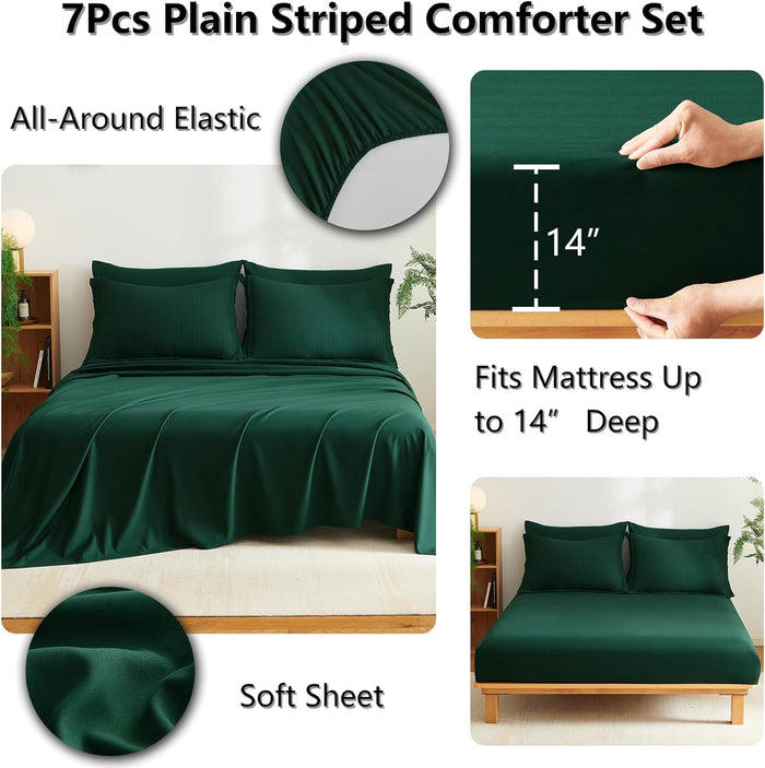 CozyLux Queen Comforter Set Emerald Green - 7 Pieces Striped Seersucker Bed in a Bag, Soft Lightweight Boho Bedding Set with All Season Comforters Queen Size, Sheets, Pillowcases & Shams