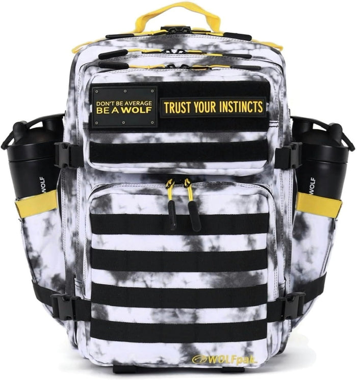WOLFpak 35L Athletic Gym Backpack - Durable 1000D Waterproof Oxford Material w/MOLLE Webbing, Laptop Pocket & Dual Cup Holders, Durable Fitness/Travel/Military Daypack (Timber Wolf Yellow Jacket)