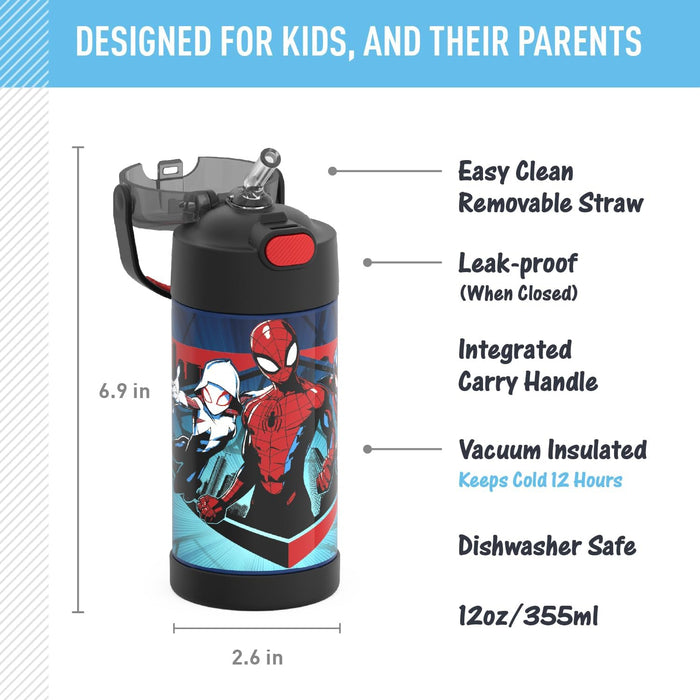 THERMOS FUNTAINER Spider-Man Stainless Steel Water Bottle with Lid, 12 Ounce