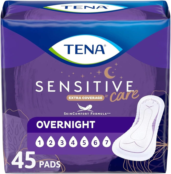 TENA Sensitive Care Incontinence Pads, Bladder Control, Postpartum for Women, Overnight Absorbency, Extra Coverage, 90 Count