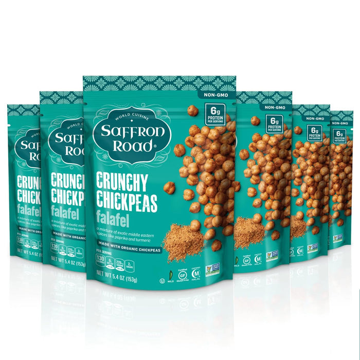 Saffron Road Roasted and Crunchy Sea Salt Chickpeas | High Protein Snacks | Certified Organic, Gluten-free, Vegan, Non-GMO, and Certified Halal and Kosher | 5.4oz Pouch | Pack of 6