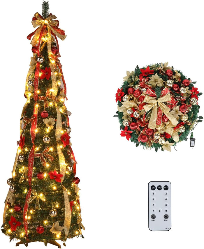 VINGLI 6ft Pre lit Pop Up Christmas Tree with Lights, Pre-Decorated Artificial Pencil Xmas Tree Collapsible Christmas Tree Holiday Party Decorations (Red&Gold)