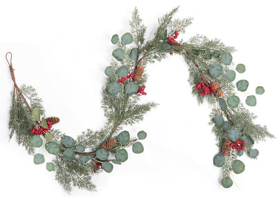 LOHASBEE Christmas Garland, 6FT Festive Christmas Garland with Green Leaves, Red Berries, and Pine Cones - Perfect for Christmas Holiday Decor Garden Gate Home Wall Window Stair Decor