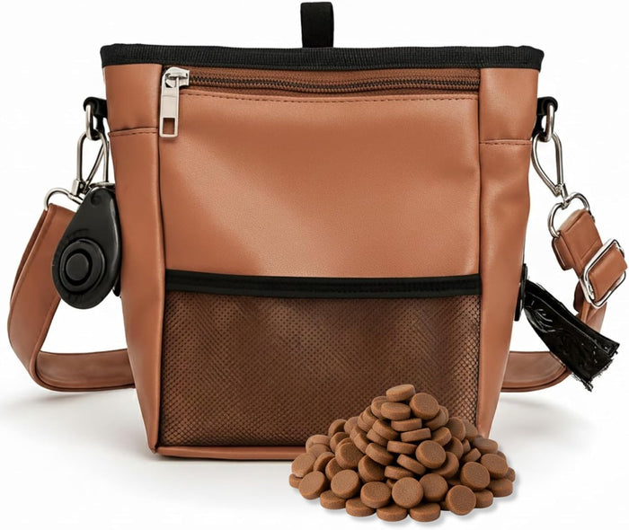 Large Dog Treat Pouch PU Leather with Clicker, Magnetic Clasp, Fits All Phones, 4 Cups, Hands-Free Pouches for Dog Training Treat Pouch, Built in Poop Bag Holder