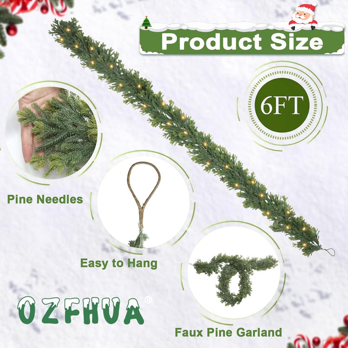 6 FT Christmas Garland Pre Lit Cedar Garlands Artificial Pine Cypress Garlands for Dining Tables Mantle Porches Outdoor Christmas Decorations