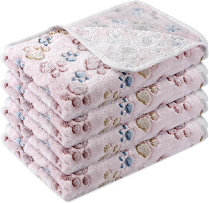 Tatuo 4 Pcs Dog Blanket for Pet Puppy Teething Toys Paw Print Fleece Blanket for Pet Cat Soft Warm Sleep Mat Guinea Pig Cage Mat(Small(24 x 16 Inch),White, Coffee, Pink, Purple)