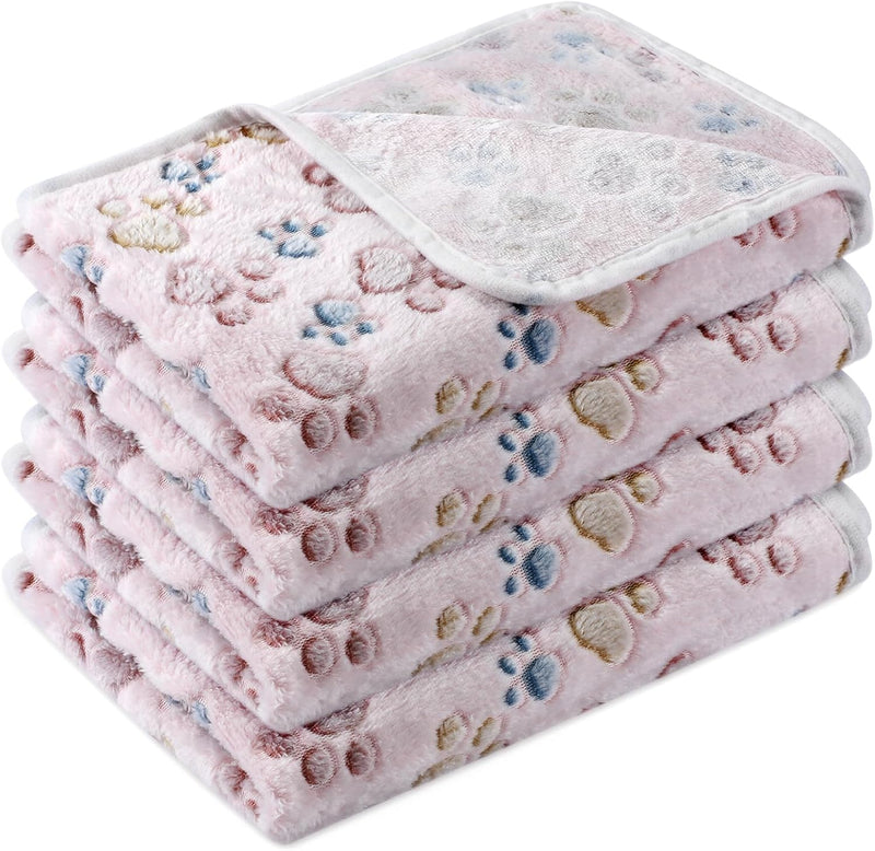 Tatuo 4 Pcs Dog Blanket for Pet Puppy Teething Toys Paw Print Fleece Blanket for Pet Cat Soft Warm Sleep Mat Guinea Pig Cage Mat(Small(24 x 16 Inch),White, Coffee, Pink, Purple)