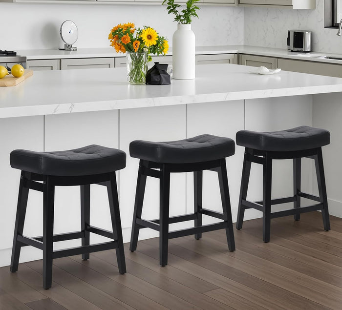 Counter Height Bar Stools Set of 3 for Kitchen Counter Farmhouse Modern Barstools with Faux Leather Upholstered Backless Seat and Solid Wood Legs 24 inch Bar Chairs, Grey + White