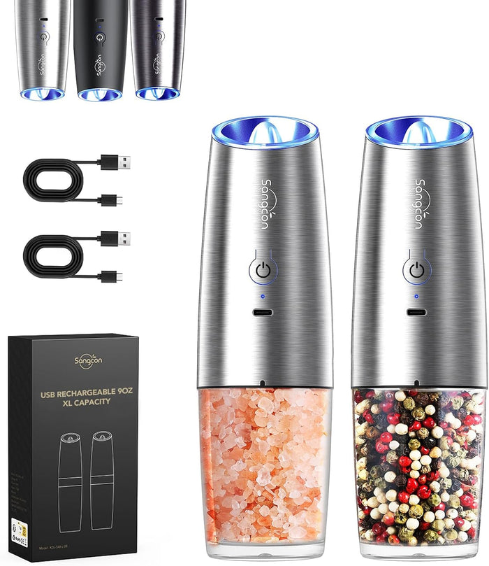 Sangcon Gravity Electric Salt and Pepper Grinder Set Automatic Shakers Mill Grinder with LED Light, BATTERY POWERED Adjustable Coarseness One Hand Operation, Upgraded Larger Capacity