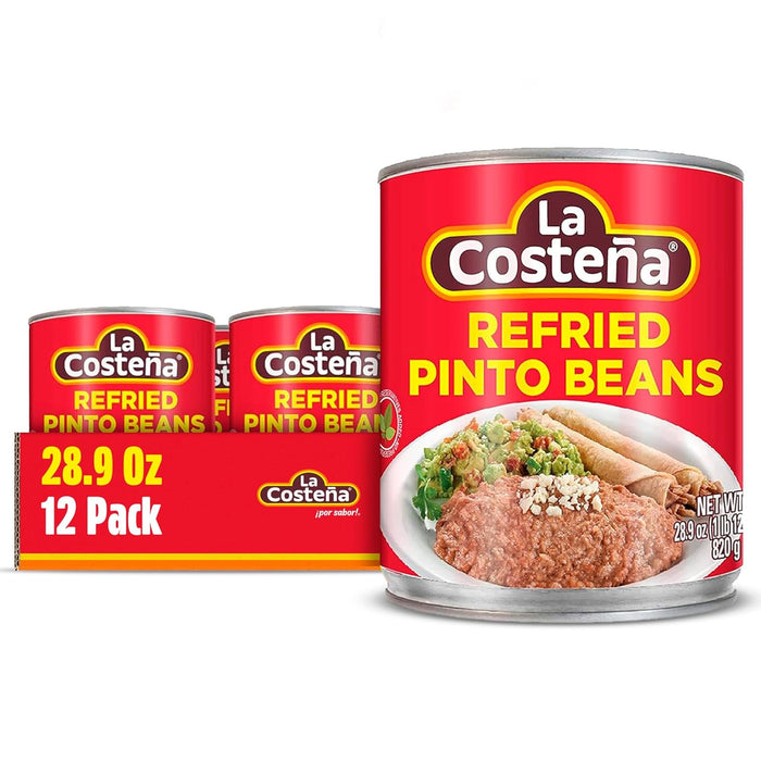 La Costeña Refried Pinto Beans - Ready-to-Eat Canned Refried Beans for Mexican Food, Mexican Rice, Nacho Bean Dip, Bean Burrito, Carne Asada, Fajita & Taco Seasoning - 14.1oz, 12 Pack Canned Food