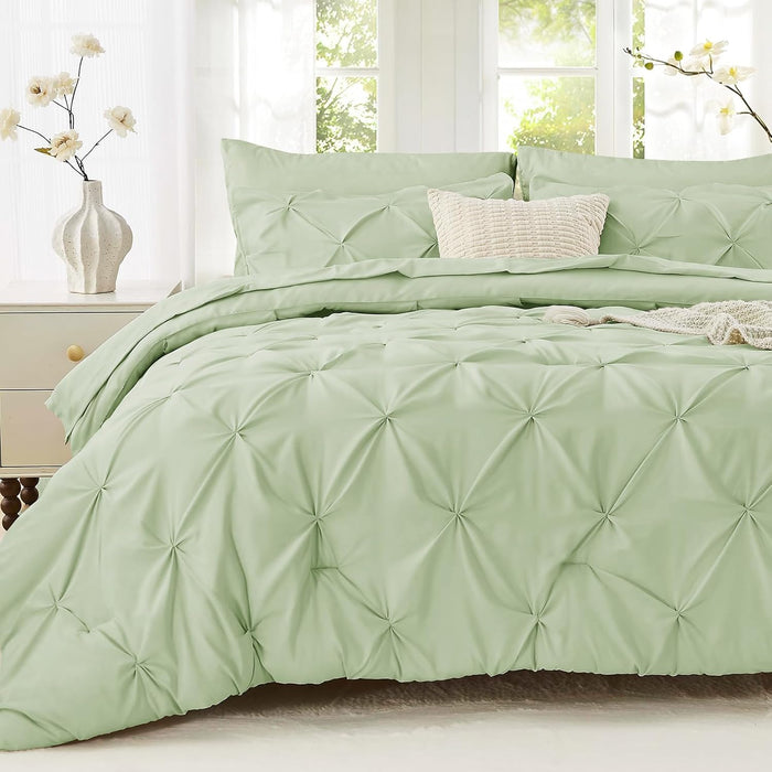 Sasttie Queen Comforter Set, 7-Piece Bed in a Bag, Pintuck Bedding Sets for All Season, Includes Comforter, Flat Sheet, Fitted Sheet, Pillowcases and Pillowshams, Beige