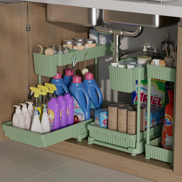 2 Pack Multi-Purpose Under Sink Organizers and Storage, 2025 Pull Out Cabinet Organizer for Bathroom & Kitchen, Under Cabinet Organizer with Hooks Hanging Cup, Black
