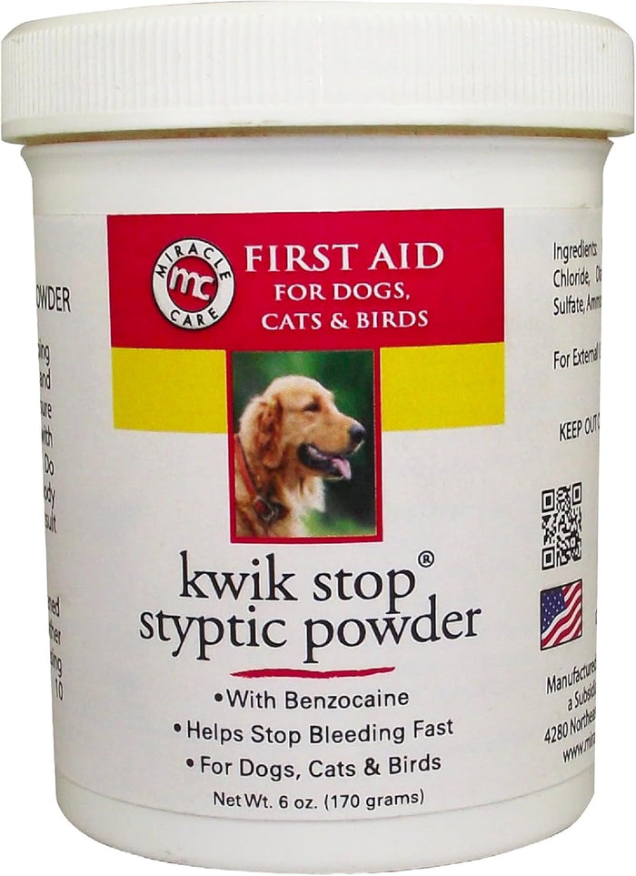 Miracle Care Kwik Stop Styptic Powder For Dogs, Cats and Birds, 0.5 Ounce, Fast Acting Blood Stop Powder with Pain Relieving Benzocaine