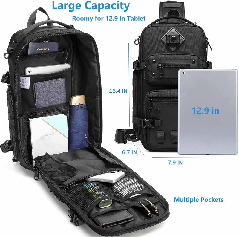Sling Bag Tactical Sling Backpack Anti Theft Shoulder Crossbody Bag Water Resistant Travel Bag for 12.9 Inch Ipad
