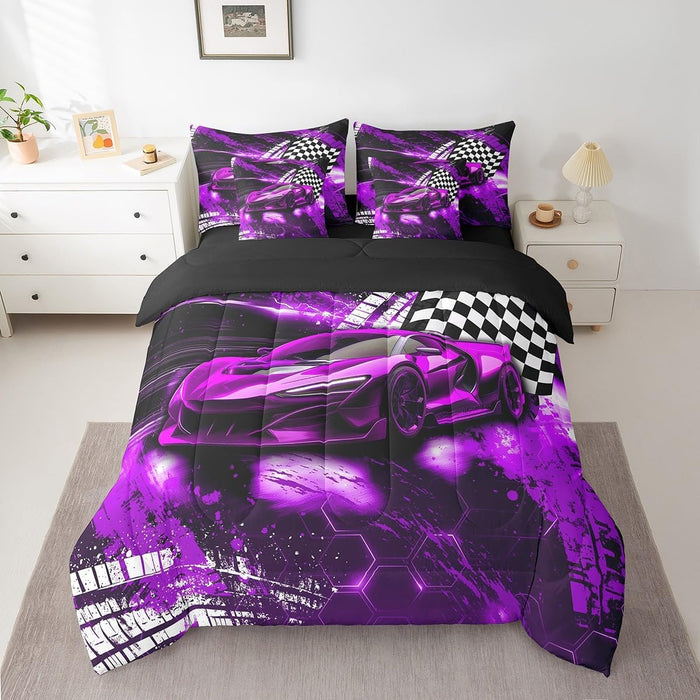Feelyou Race Car Bed Set for Kids Boys Girls Twin Size Speed Honeycomb Prints 7 Pieces Beeding Set Ultra Soft Extreme Sports Bed in a Bag with Comforter, Sheets, Pillowcases Sports Car Cool Car