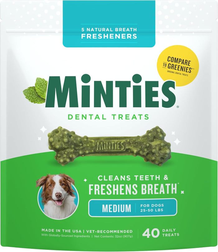 Minties Dental Chews for Dogs, 40 Count, Vet-Recommended Mint-Flavored Treats for Tiny/Small Dogs 5-24 lbs, Dental Bones Clean Teeth, Fight Bad Breath, and Removes Plaque and Tartar