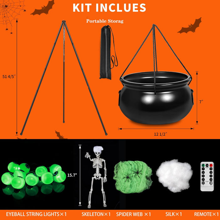 Halloween Decorations Outdoor Indoor,Large Witches Cauldron on 52" Tripod with String Lights, Skeleton and Eyeballs,Hocus Pocus Decor,Witches Cauldron for Yard Patio Garden Lawn Decorations.