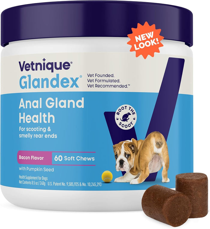 Vetnique Glandex Anal Gland Soft Chew Treats with Pumpkin for Dogs Digestive Enzymes, Probiotics Fiber Supplement for Dogs Boot The Scoot (Peanut Butter Chews, 60 Count)