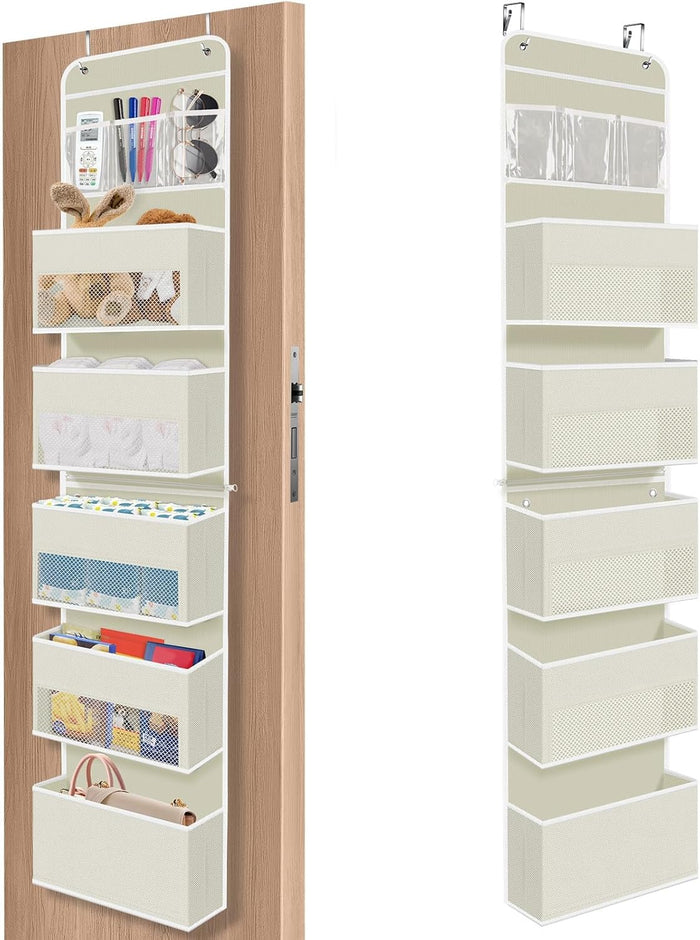 1 Pack Over The Door Organizer, Hanging Storage Organizer with Clear Window, 40lb Ultra Sturdy Large Capacity Room Organizer for Pantry Laundry Bathroom Nursery Closet Baby Essential (Grey)