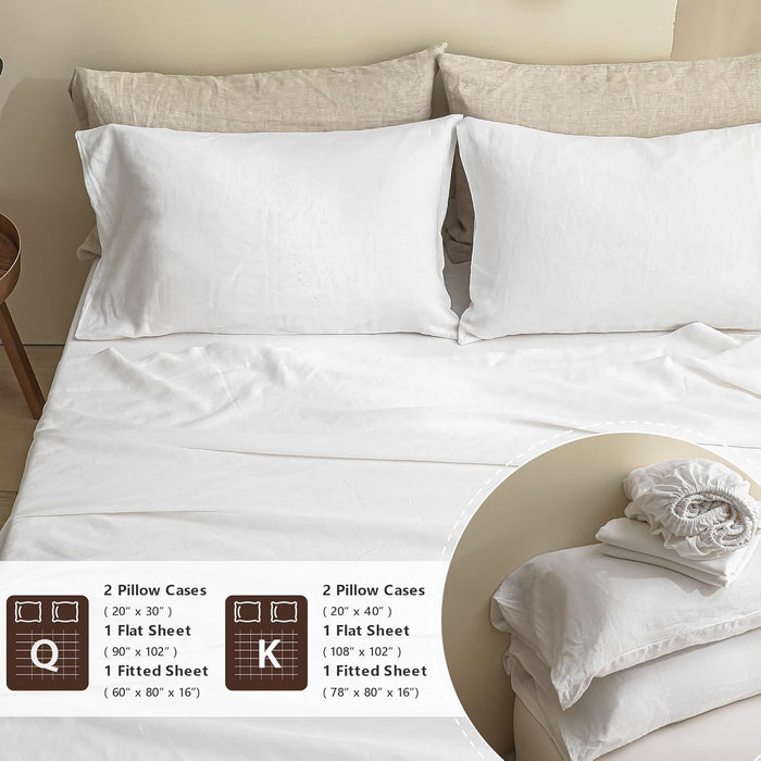 100% Natural Linen Sheets Set 4 Piece - Washed Linen Bedding Set with 16" Deep Pocket Fitted Sheet, Flat Sheet & 2 Pillowcases, Breathable Durable for All Seasons (White, Queen)