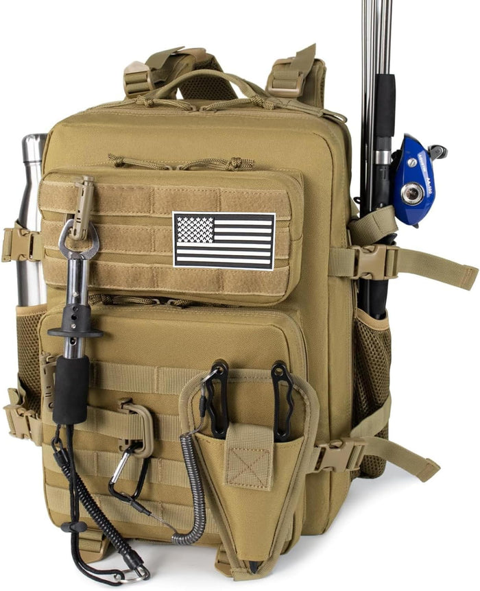 Large 45L Tactical Fishing Tackle Backpack with Removable Plier Holder & Rod Holders Storage Fishing Gear and Equipment Tackle Bag Hiking Backpack without Tackle Boxes Khaki