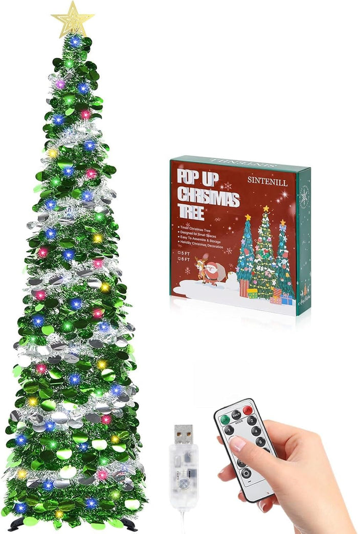 6 FT Pop Up Christmas Tree with 100 LED Timer Lights & Remote, White Collapsible Christmas Tinsel Tree Artificial Pencil Tree Xmas Decoration for Holiday Home Office Party, USB Powered