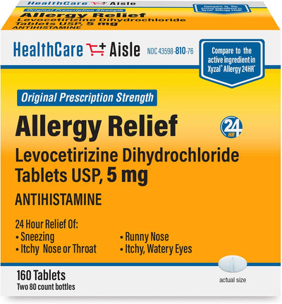 HealthCareAisle Allergy Relief - Levocetirizine Dihydrochloride Tablets USP, 5 mg, 160 Tablets, Original Prescription Strength Allergy Medication, 24-Hour Relief, 80 Count (Pack of 2)