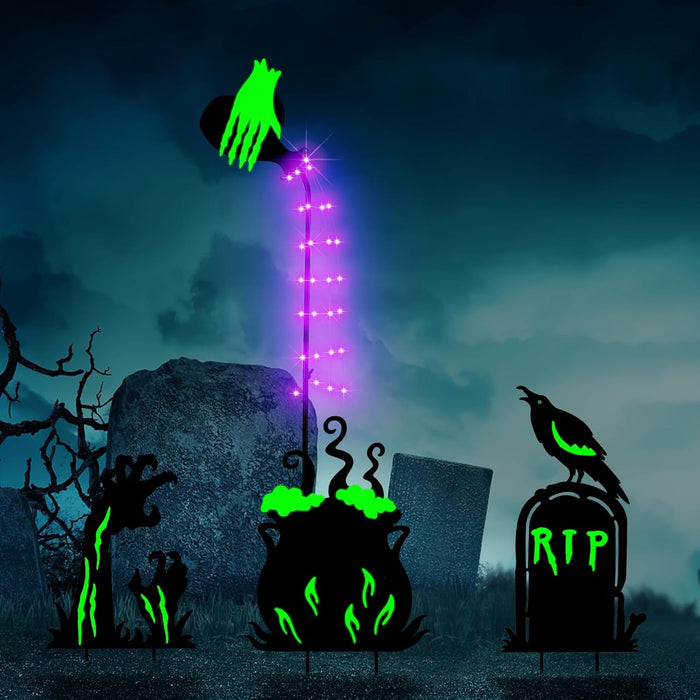 Halloween Yard Signs Outdoor Decorations，3 Pack Warerproof Scary Witch Tombstone Cauldron Fluorescent Metal Stakes Glow in The Dark for Lawn Garden Halloween Decor (Witch Tombstone Cauldron)
