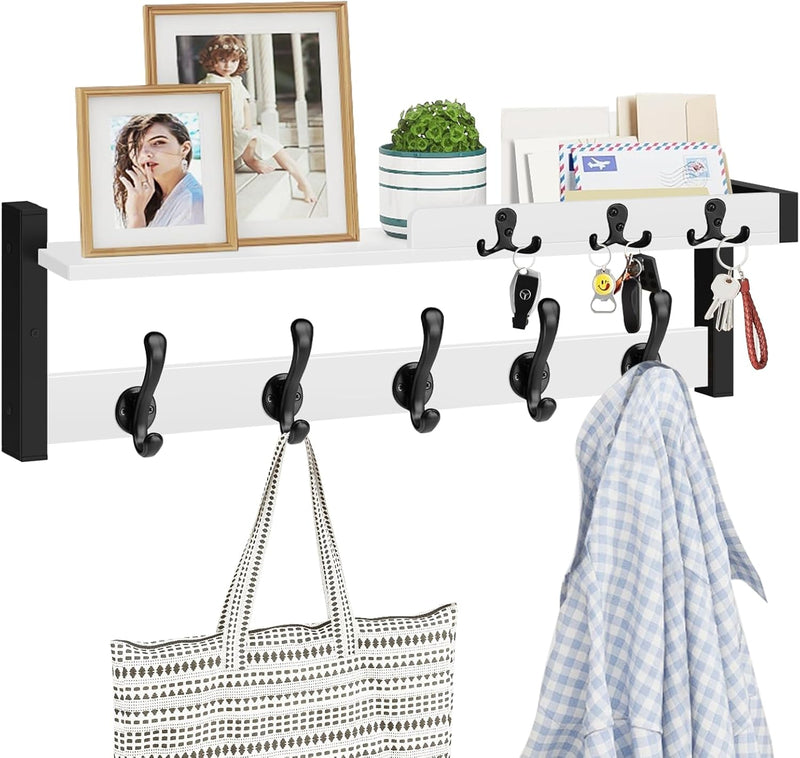 Homode Coat Rack Wall Mount with Shelf, Entryway Coat Hanger with Key Hooks and Mail Holder, 29 Inch Wood Floating Shelf with Hooks and Storage, Key Holder Mail Organizer, Rustic Brown
