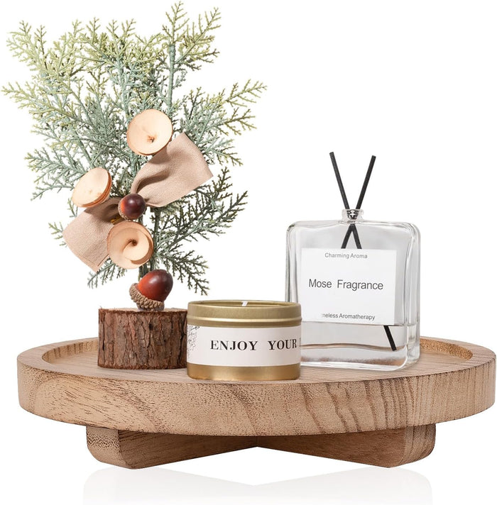 Round Decorative Tray Wood Bathroom Counter Organizer Farmhouse Kitchen Decor Wooden Riser for Soap Dish, Perfume, Candle, Sponge, 11" - Brown