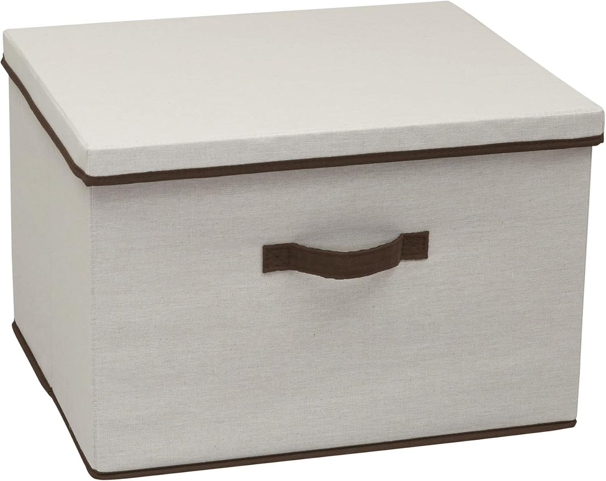 Household Essentials 515 Storage Box with Lid and Handle- Natural Beige Canvas with Brown Trim- Jumbo