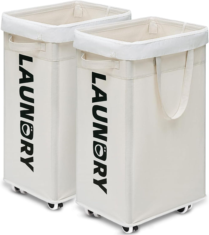 Goodpick Pink Laundry Baskets with Wheels 2-Pack, 75L Rolling Laundry Basket with Removable Wash Bags, Large Laundry Hamper for Corner Dorm, Collapsible Laundry Basket on Wheels