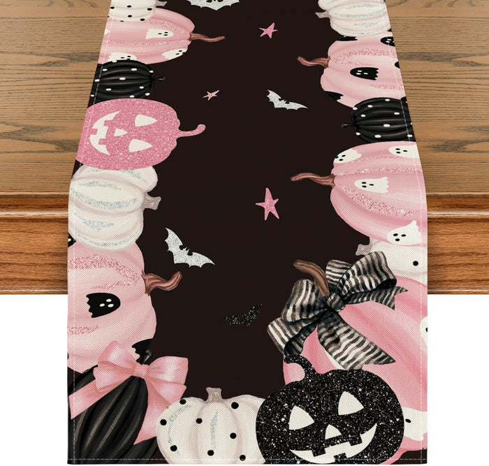 Artoid Mode Pink Jack-O-Lantern Pumpkin Bat Halloween Table Runner, Holiday Kitchen Dining Table Decoration for Indoor Outdoor Home Party Decor 13 x 72 Inch