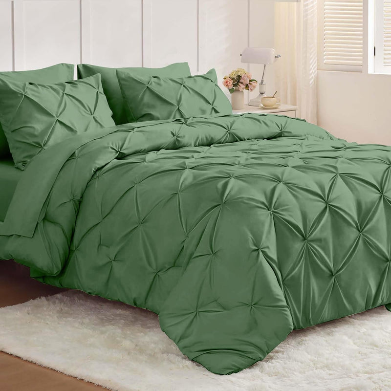JOLLYVOGUE Queen Comforter Set 7 Pieces - Bed in a Bag Queen for All Season, Pintuck Bedding Comforter Sets with Comforter, Flat Sheet, Fitted Sheet and Pillowcases & Shams, Beige