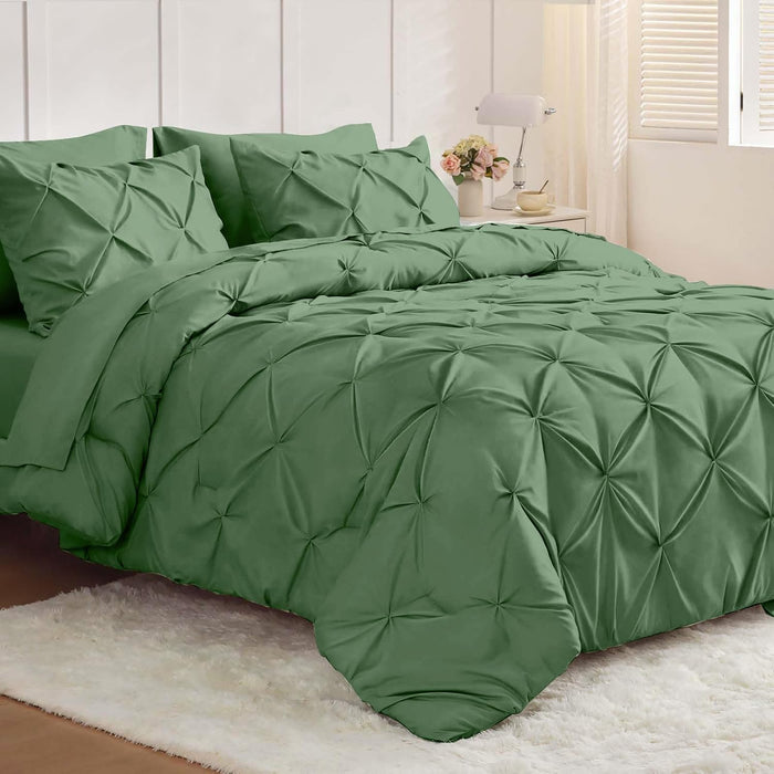 JOLLYVOGUE Queen Comforter Set 7 Pieces - Bed in a Bag Queen for All Season, Pintuck Bedding Comforter Sets with Comforter, Flat Sheet, Fitted Sheet and Pillowcases & Shams, Beige