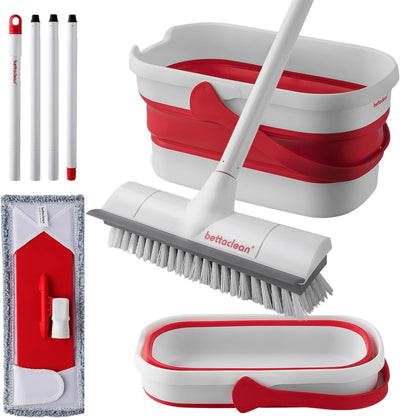 Collapsible Mop and Bucket Set with Wringer, Heavy Duty Scrub Brush, Foldable Mop and Broom for Home, Indoor or Outdoor Cleaning, Patio, Deck, RV, Concrete, and Floor Care by Bettaclean