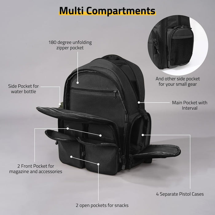 CVLIFE Tactical Range Backpack for Handguns, Shooting Backpack with Pistol Cases, Daypack with Removable Divider for Men (BLACK, regular)
