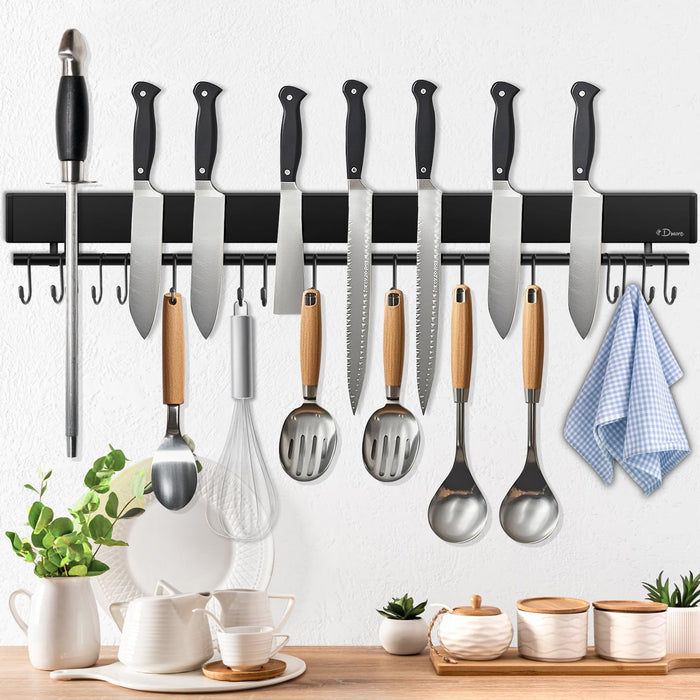Dmore magnetic knife holder for wall—with 10 hooks, No Drilling 17 Inch black knife magnetic strip, Extra Strong Magnet knife rack, include Adhesive Tape and screws for Knives and Tools